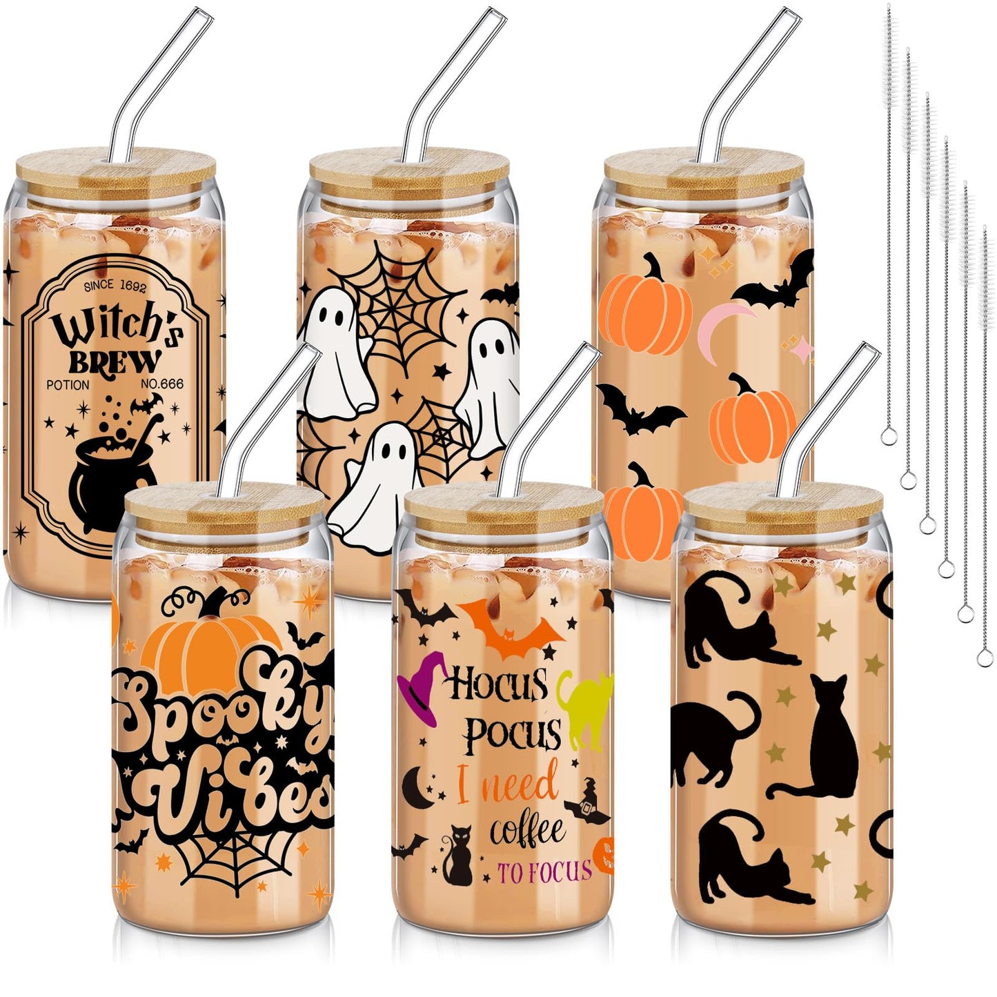 SiliFine 6 Pcs Halloween Drinking Glasses 16 oz Hearts Glass Cup with Bamboo Lid and Glass Straw Can Shaped Beer Glass Reusable Love Smoothie Cup for Women Teenager Valentine Party Birthday Gift