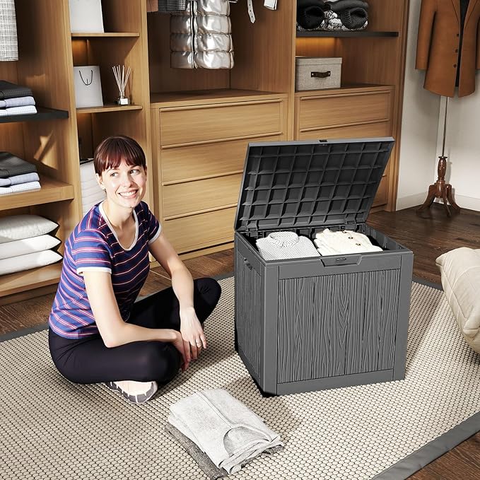 35 Gallon Outdoor Deck Box, Lockable Waterproof Outdoor Storage Boxes For Garden Tools,Indoor Cushions,Accessories Outside Storage Resin Weatherproof Container(Black)