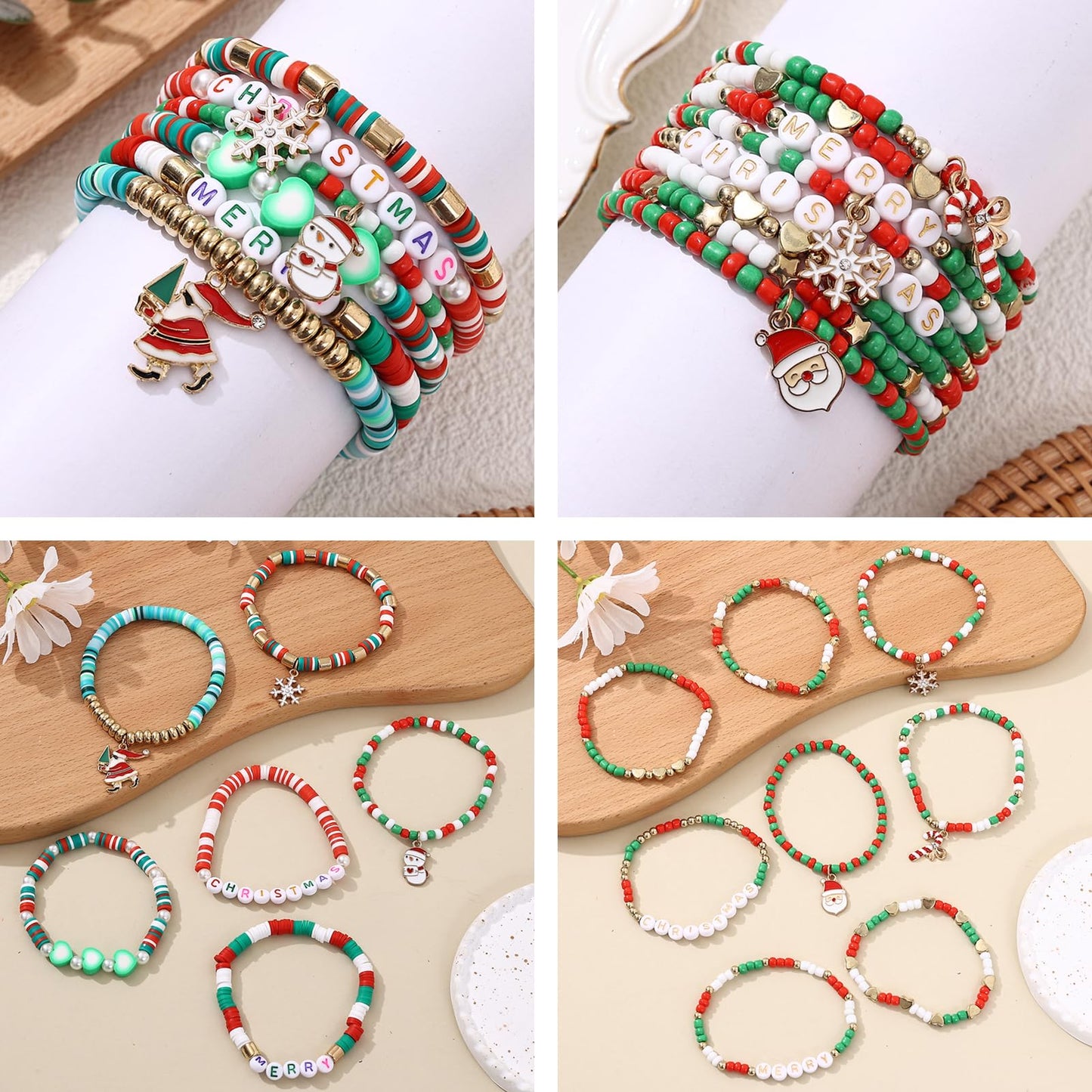 Cooluckday 36Pcs Christmas Bracelets Bulk Christmas Gifts for Women Friendship Bracelets Xmas Snowflake Snowman Bell Santa Claus Bracelets Stretch Bracelets as Party Gifts Bag Filler
