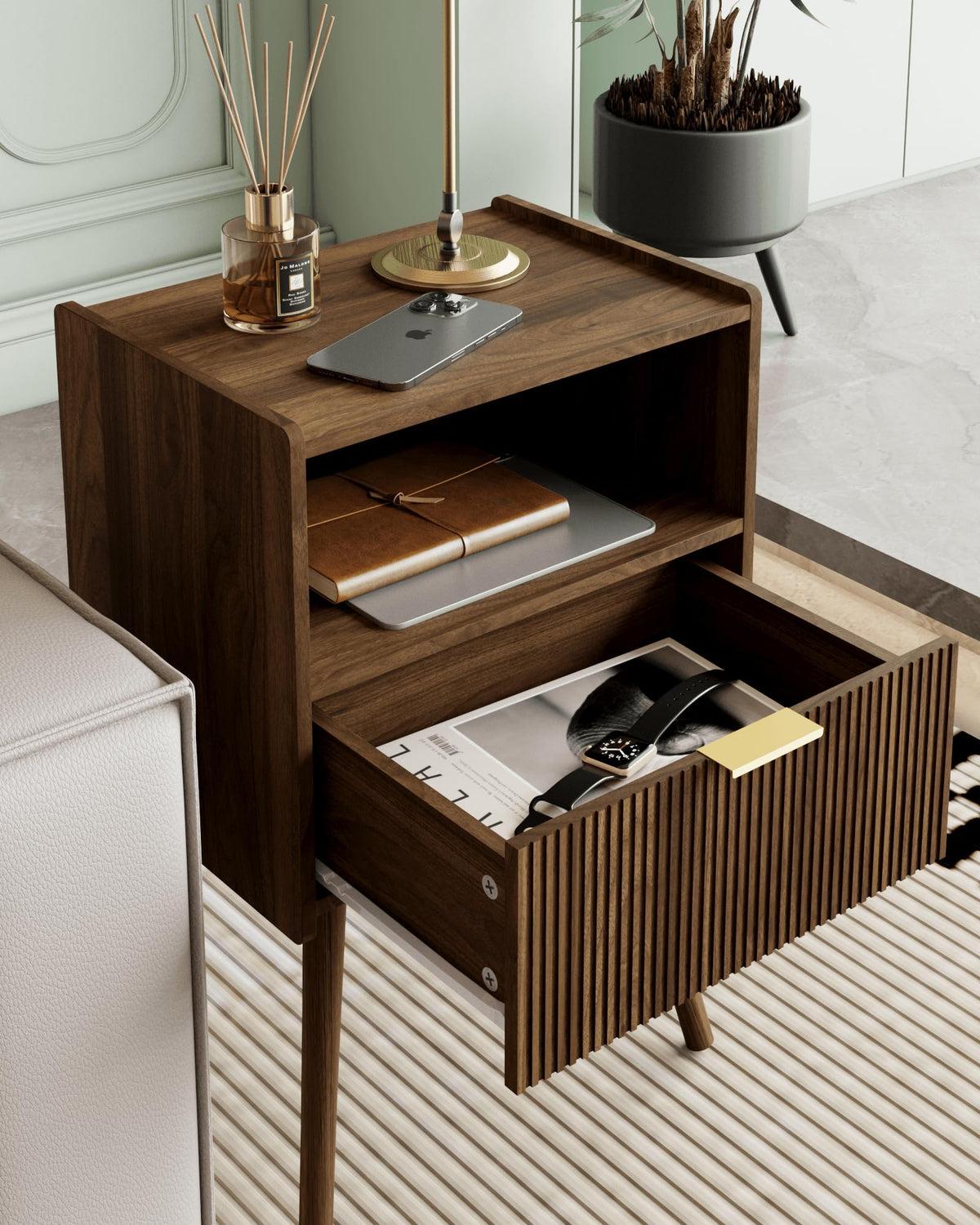 Veegle Nightstand,Modern Bedside Table with Storage Drawer and Open Wood Shelf, Accent Night Stand with Solid Wood Legs for Living Room, Bedroom and Small Spaces,Easy Assembly (Walnut Brown)