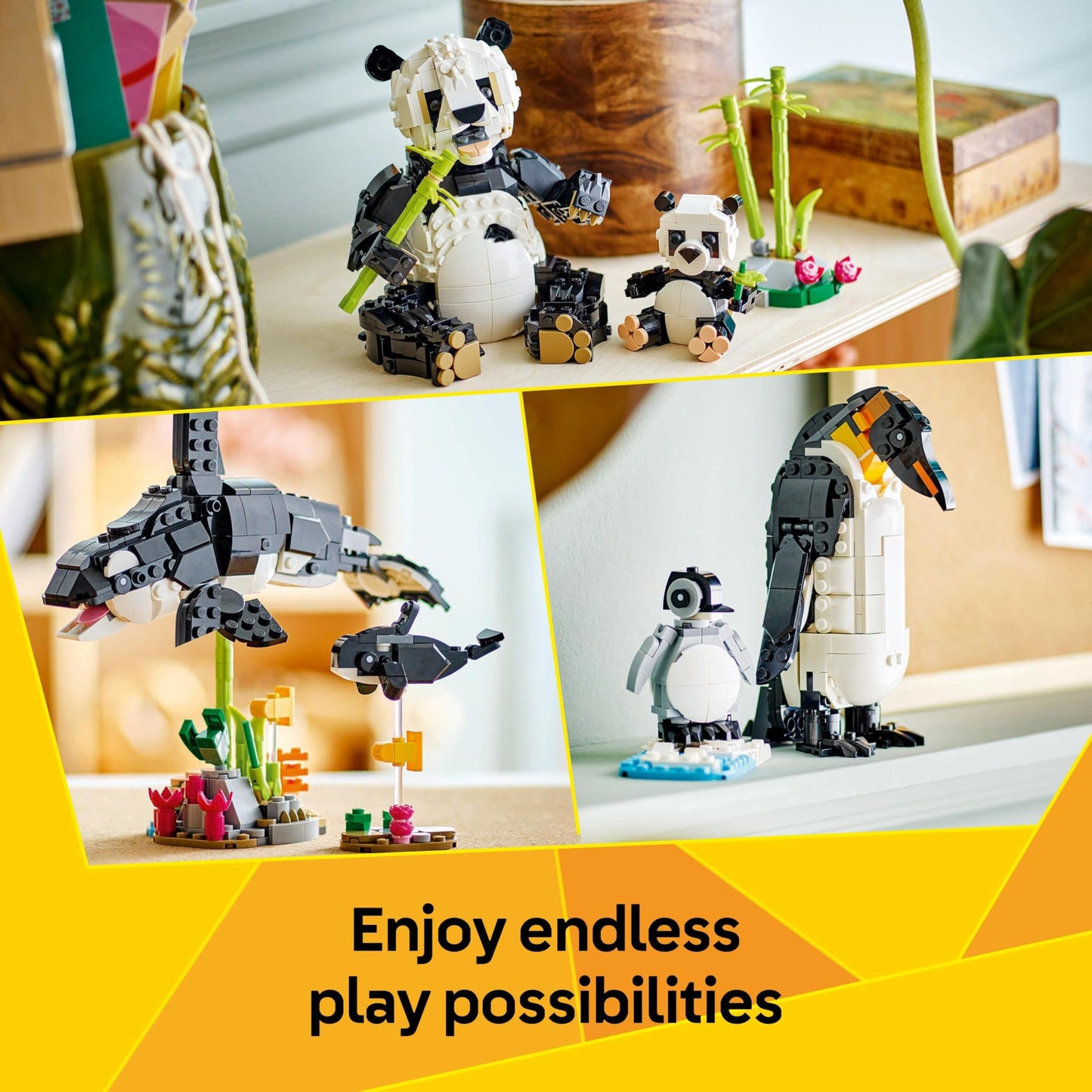 LEGO Creator 3in1 Wild Animals: Panda Family Toy - Transforms into Penguin Figures or Orca Whale Toys - Creative Birthday Gift for 8+ Year Old Girls & Boys - 31165