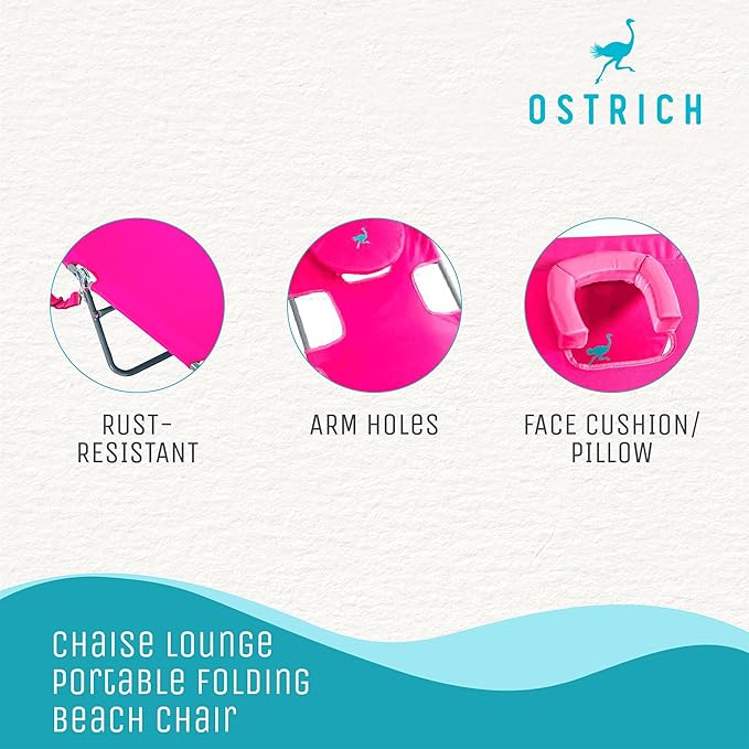 Ostrich Beach Lounge Chair, Folding & Reclining Outdoor Chaise Lounger, Pink - Portable Adjustable Recliner Chair for Lawn, Pool, Patio, Garden, and Yard