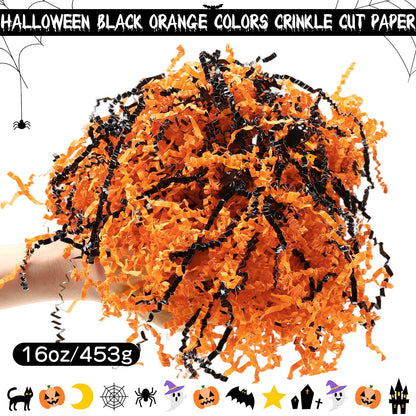 Jansun Halloween Black Orange Crinkle Cut Paper, 453g/16oz Shred Filler with Pumpkin Spider Bat Witch Confetti for Gift Wrapping Craft DIY Basket Filling Trick or Treat Candy Decorations