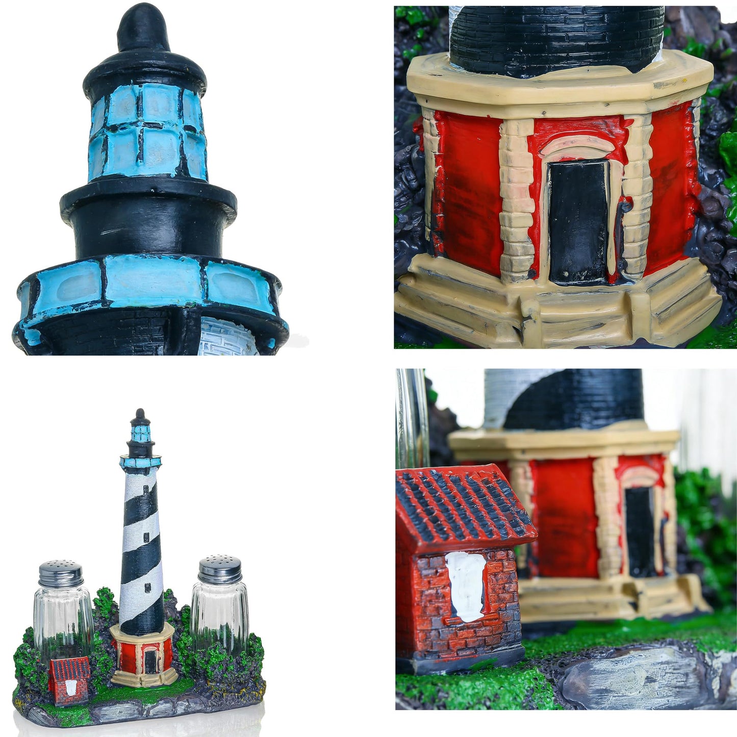 Coastal Lighthouse Salt and Pepper Shaker Set - Bodie Island Lighthouse Decor with Glass Seasoning Bottles, Nautical Kitchen Decor for Beach House, Coastal Themed Accessories and Table Centerpiece