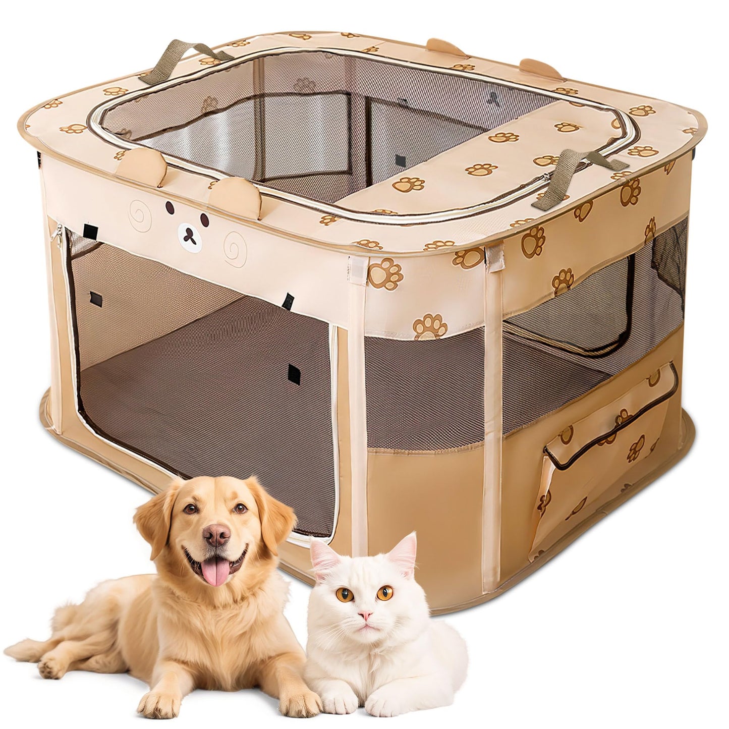 ALLSOPETS Cat Playpen for Dog, Foldable Pet Play Pen for Indoor Outdoor Use, Portable Dog Cat Crate Tent for Puppies Kittens, Pop-Up Pet Cage for Travel Camping (Brown Bear, M)