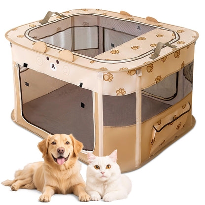 ALLSOPETS Cat Playpen for Dog, Foldable Pet Play Pen for Indoor Outdoor Use, Portable Dog Cat Crate Tent for Puppies Kittens, Pop-Up Pet Cage for Travel Camping (Brown Bear, M)