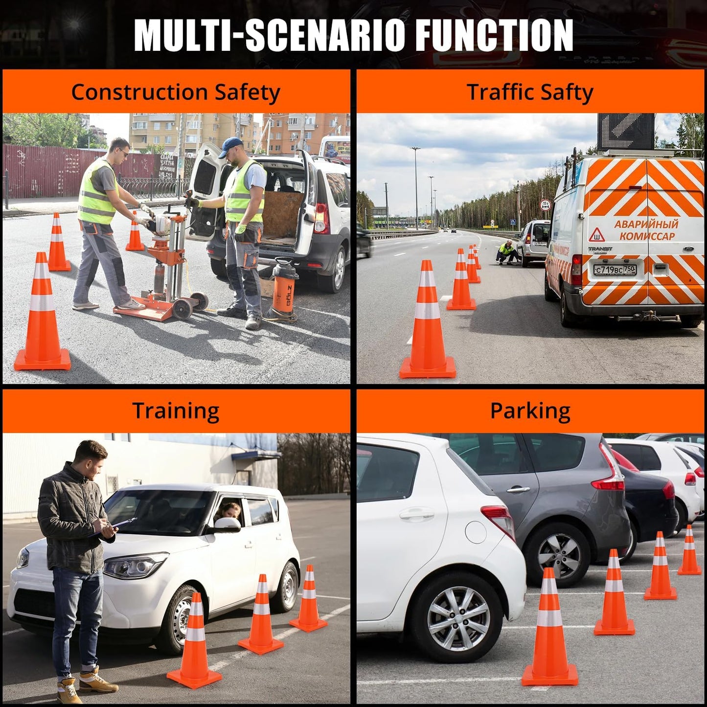 Traffic Safety Cones 28 inch 12 Pcs 28", Traffic Cones with Reflective Collars PVC Orange Construction Cones, Road Safety Parking Cones for Home Driveway Road Parking Use