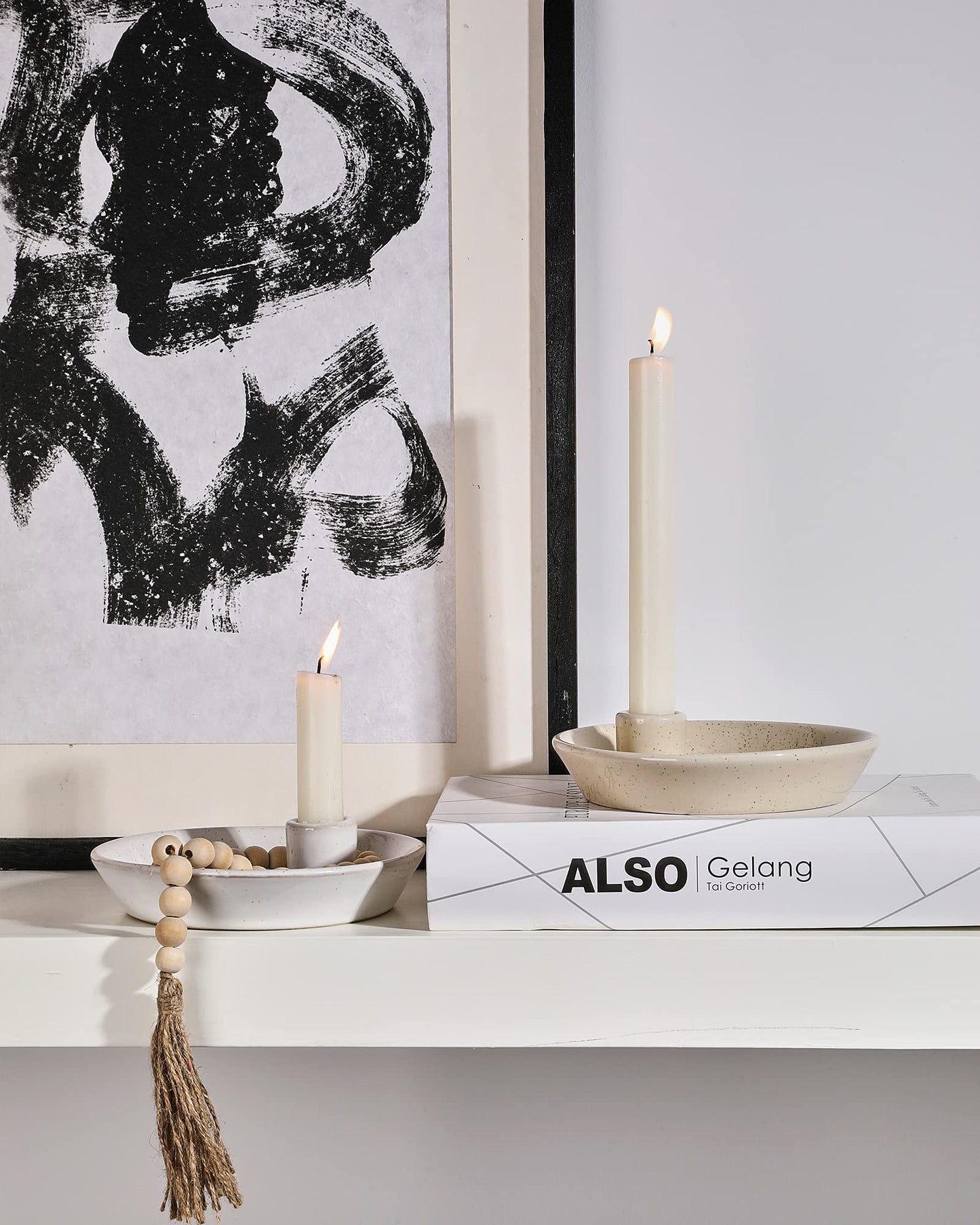 DN DECONATION Ceramic Candle Holder, Boho Candlestick Holder with Round Plate for Taper Candles, Unique Farmhouse Porcelain Candle Stick Holder for Meditation/Yoga Room Home Wedding Decor(Gray)