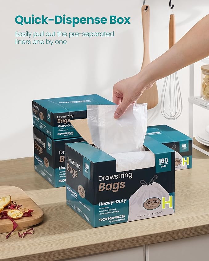 SONGMICS Trash Bags for 8-Gallon Trash Cans, Drawstring Kitchen Garbage Bags