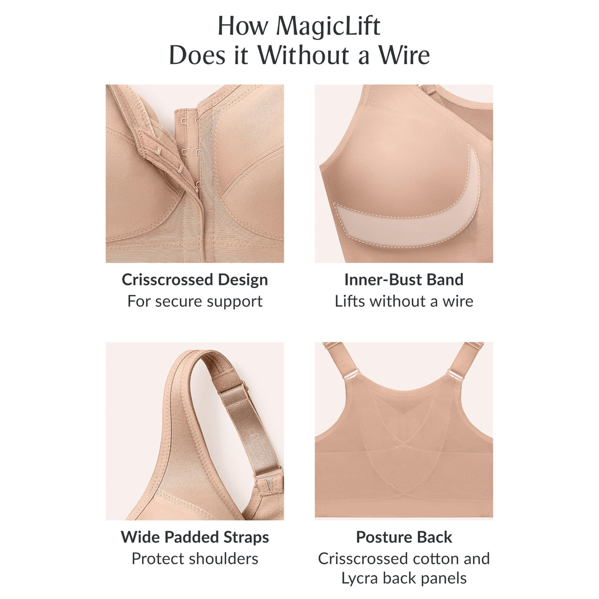 Glamorise Full Figure Plus Size MagicLift Front-Closure Posture Back Bra Wirefree #1265 Black 36C