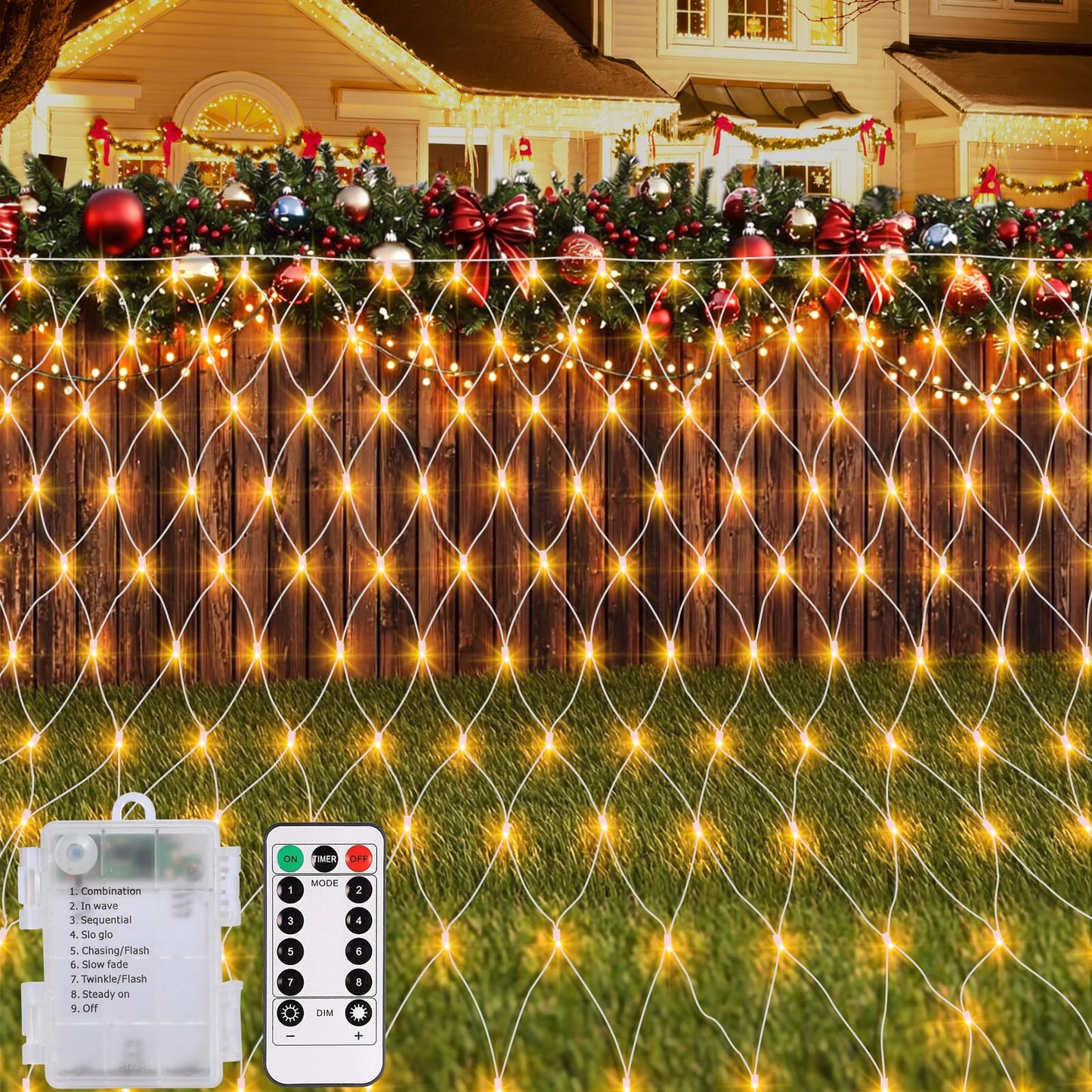 echosari Christmas Net Lights Battery Operated, 100 LED 5FT x 5FT Net Lights Outdoor with Remote Timer, Bush Mesh Light for Xmas Tree Garden Yard Decor (Warm White)