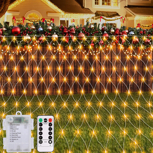 echosari Christmas Net Lights Battery Operated, 100 LED 5FT x 5FT Net Lights Outdoor with Remote Timer, Bush Mesh Light for Xmas Tree Garden Yard Decor (Warm White)