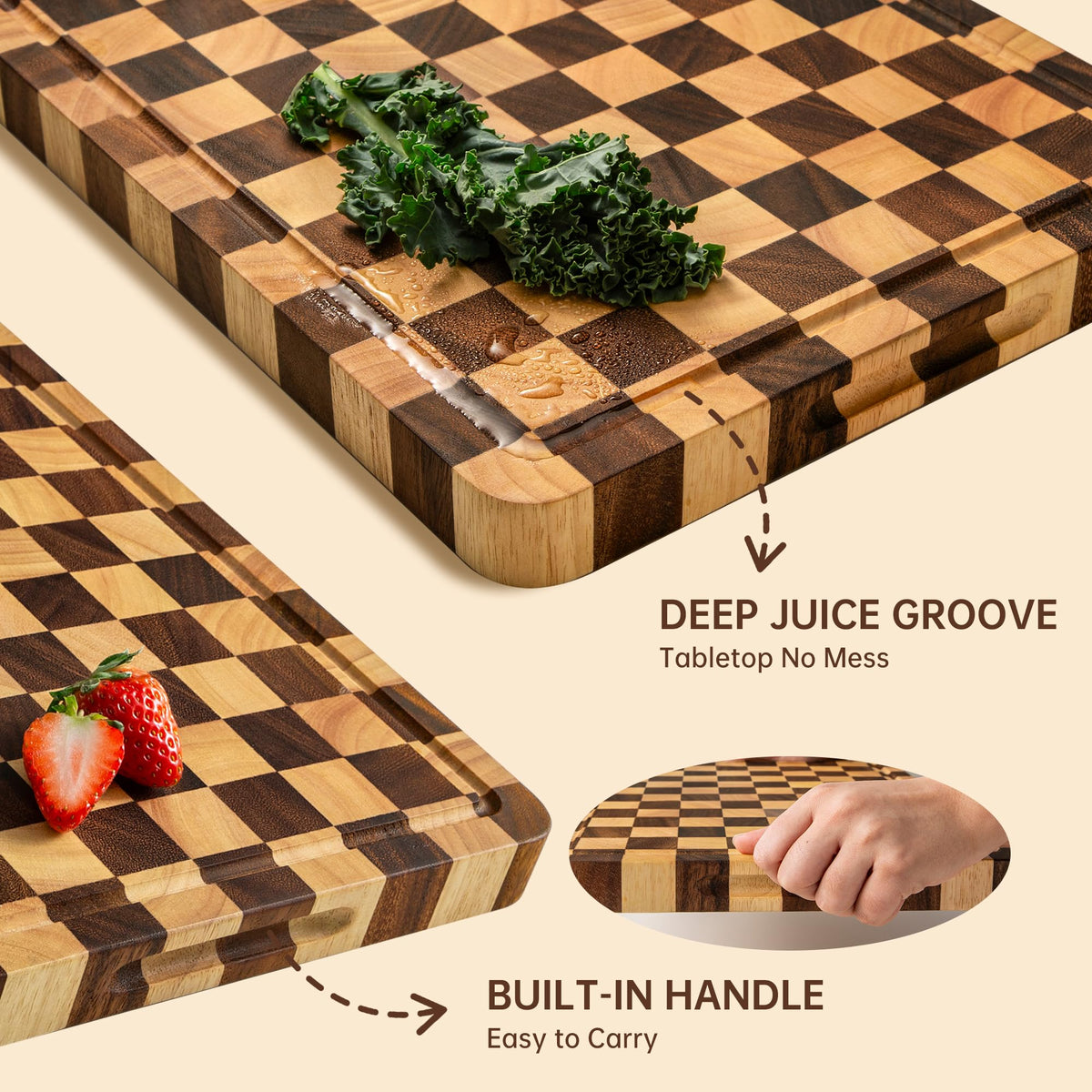 FYCTIO Wooden Cutting Boards for Kitchen, Checkered Cutting Board 1.2" Thickened, Walnut Chopping Board with Juice Grooves & Handles, Double-sided Butcher Block with Gift Box, 17" x 12"