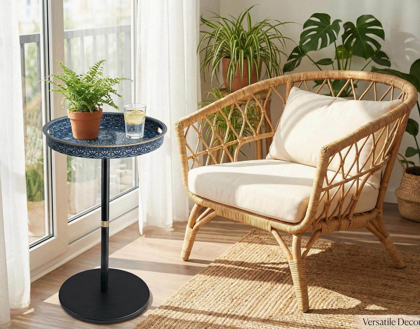 Gesodant Boho Single Leg Round Side Table with Tray Top, Pedestal Drink Table for Small Spaces, Aesthetic Accent Nightstand for Living Room, Bedroom, Corners, and Office (Blue Maze)
