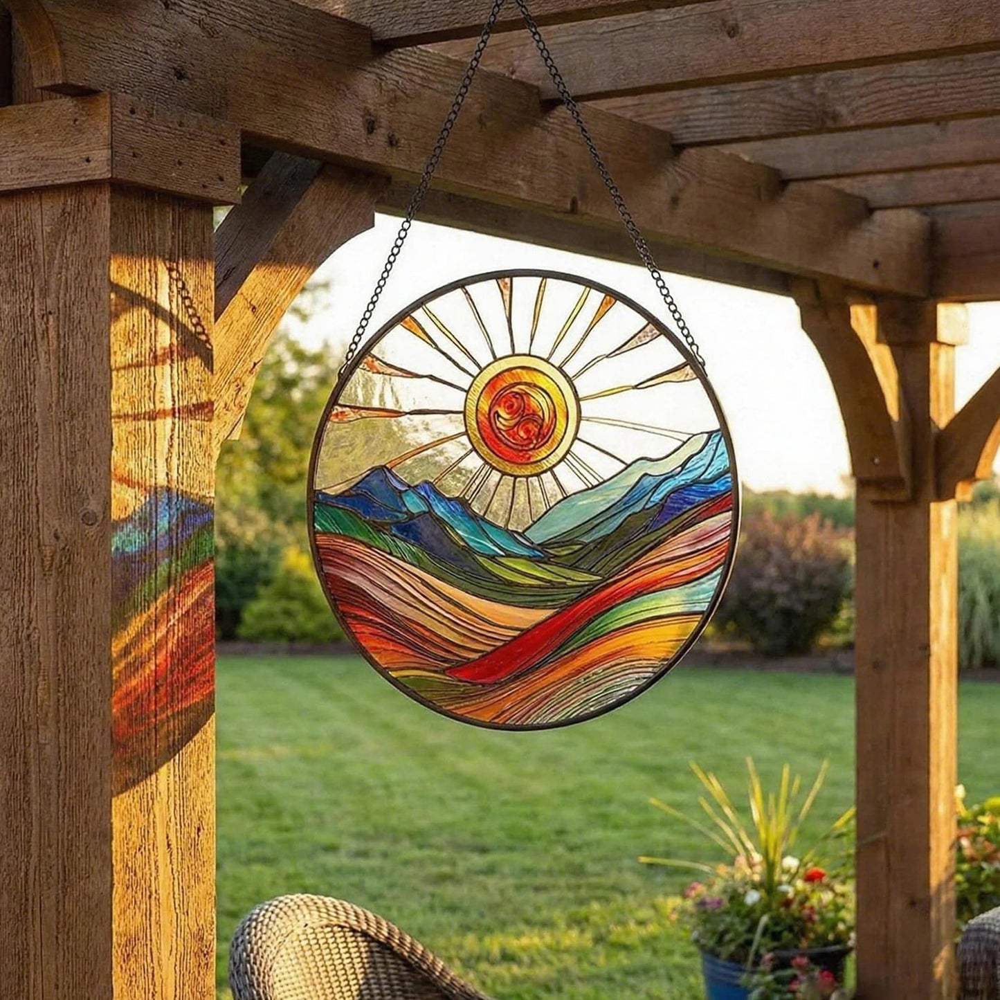 ZUSANG Sun Mountains Stained Glass Window Hanging, 9.8’’Sun Catcher Glass Panel Boho Wall Art Decor with Chain, Hand Painted Round Glass Gifts for Couples, Housewarming Gift