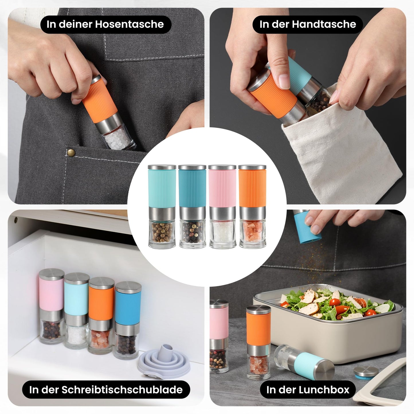 VEVOK CHEF Small Salt and Pepper Grinder 4Pcs Portable Mini Glass Salt Spices Grinder Ceramic Salt Black Pepper Shakers Tiny Pepper Mill Salt Grinder for Travel Lunch Box Kitchen Gift