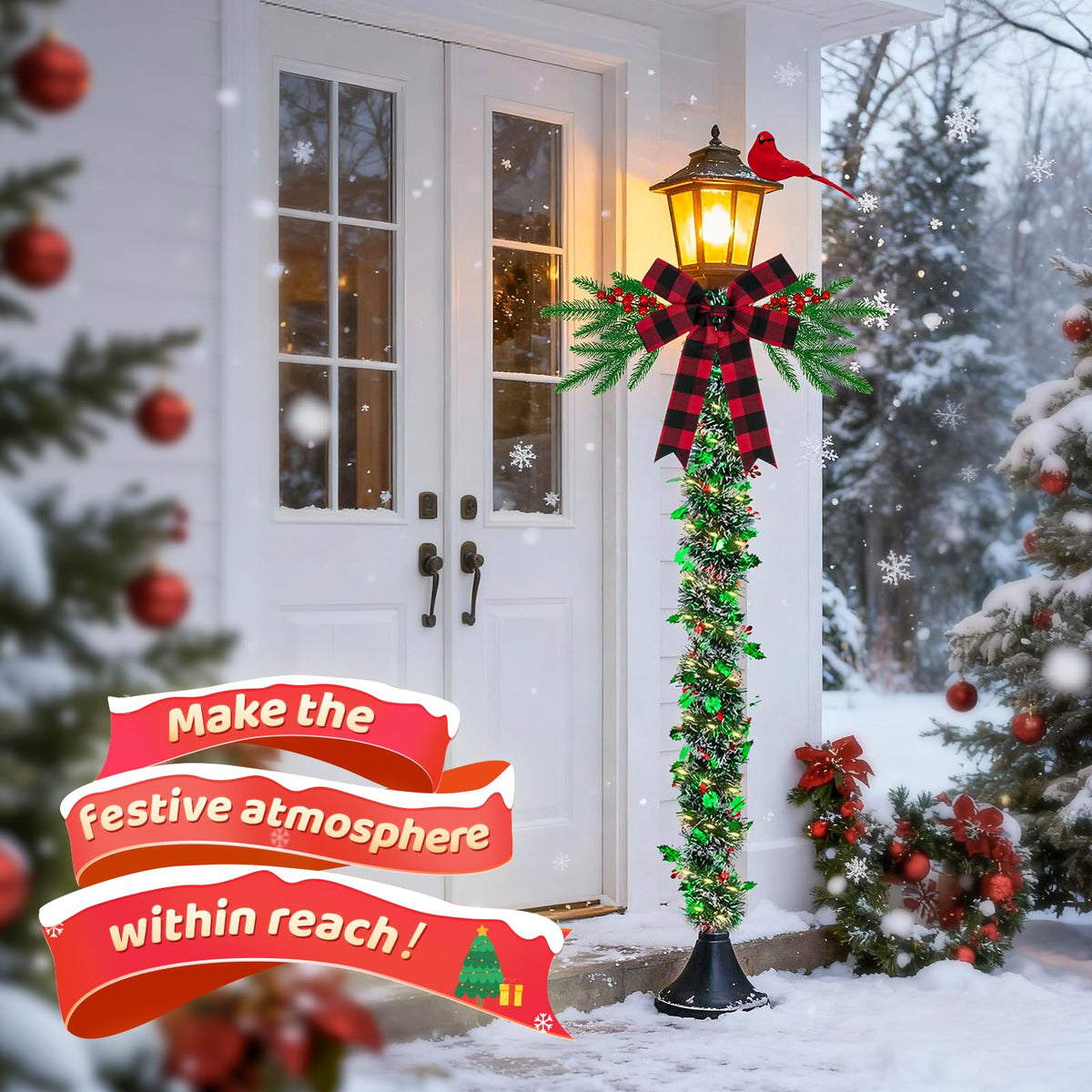 YIBOBO 13Pcs Christmas Lamp Post Decoration Set Include String Light, Pine Branches, Red Berries, Tinsel Garlands, Checkered Bow and Cardinal Bird for Outdoor Holiday Porch Lawn, NOT Include Lamp Post