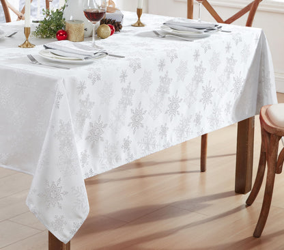 Newbridge Fancy Metallic Snowflake Christmas Fabric Tablecloth, 60 x 84 Inch Rectangle, White Silver, No-Iron Soil Resistant Sparkling Snowflakes Woven Holiday Table Cover