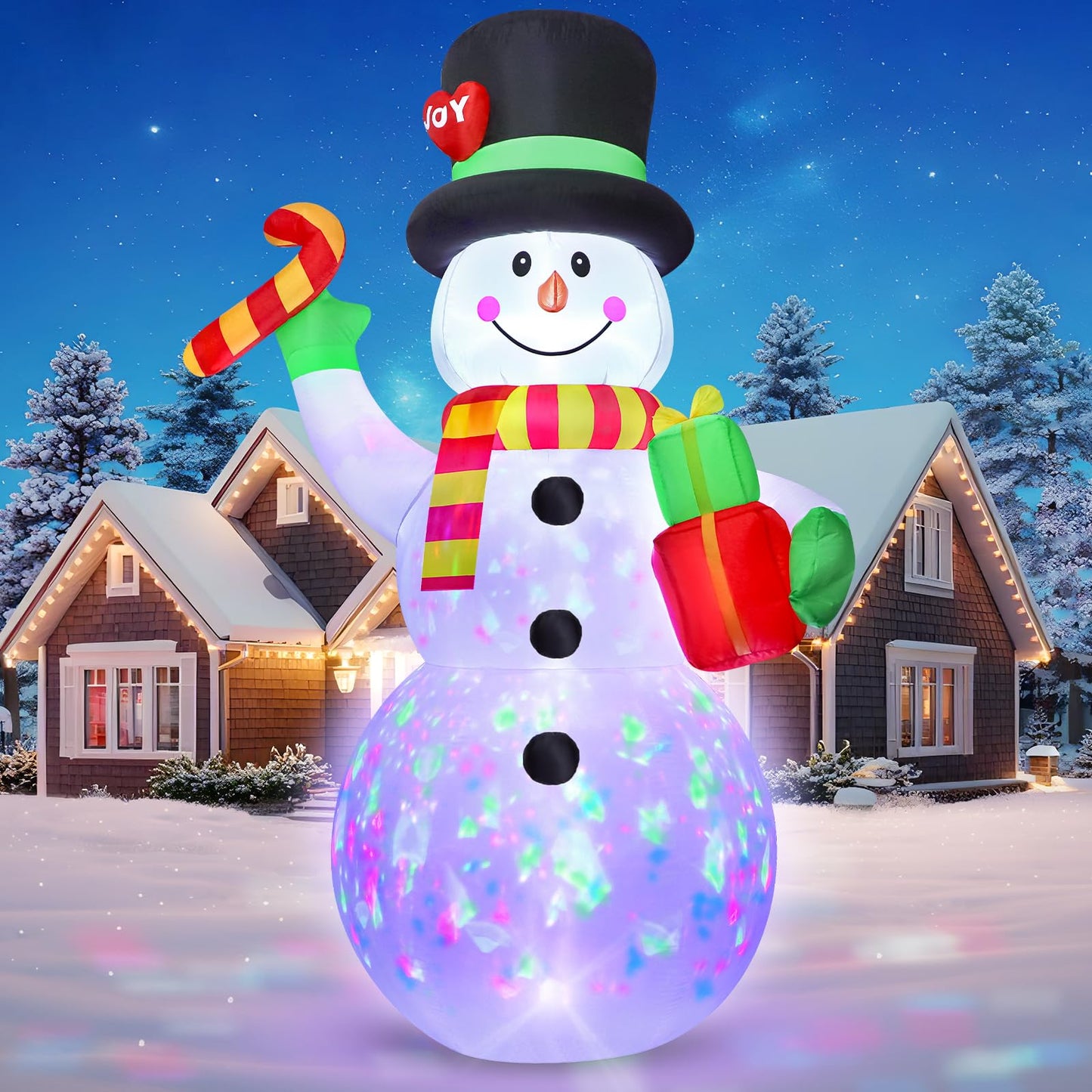 FunFanso 7 FT Christmas Inflatable Snowman Outdoor Decoration, Giant Blow up Snowman Holds Candy and Gift Boxes, Built-in Rotating Colourful Lights for Yard, Garden, Patio, Lawn Xmas Holiday Decor