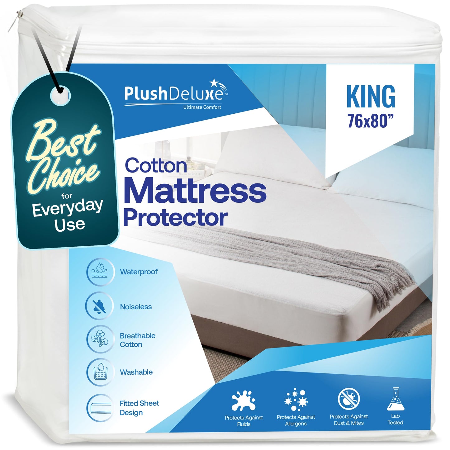 PlushDeluxe King Mattress Protector, Breathable Soft Terry Cotton Fitted Sheet Bed Cover with Deep Stretchable Pockets, 100% Waterproof, Noiseless, Hypoallergenic, Dust Mite Proof, 76"x80"x15"