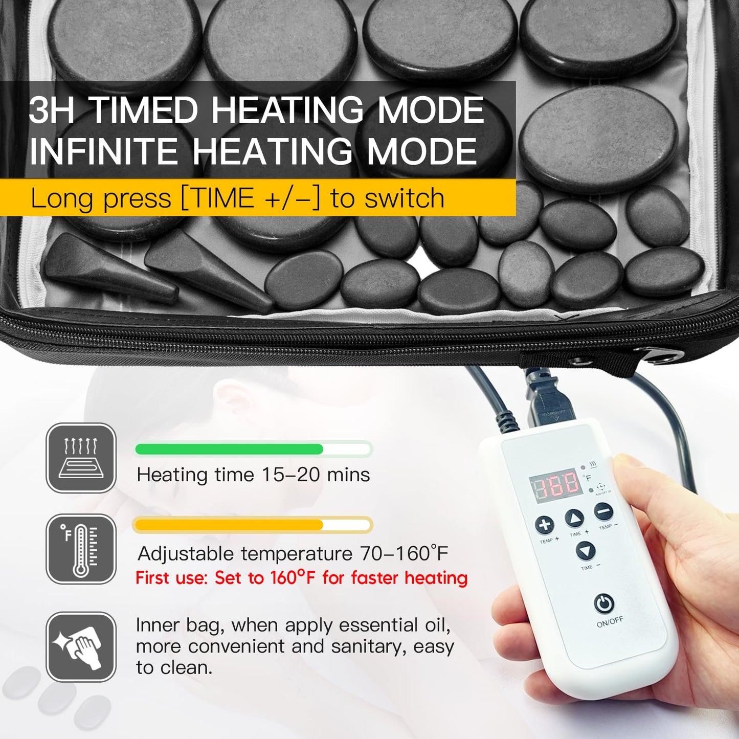 Goodtar Portable Massage Stone Warmer Set, 20 Pcs Basalt Hot Stones with Heater Kit, Electric Hot Stones Warmer Massager for Professional/Home Spa, Digital Controller Heating Travel Bag (Black)