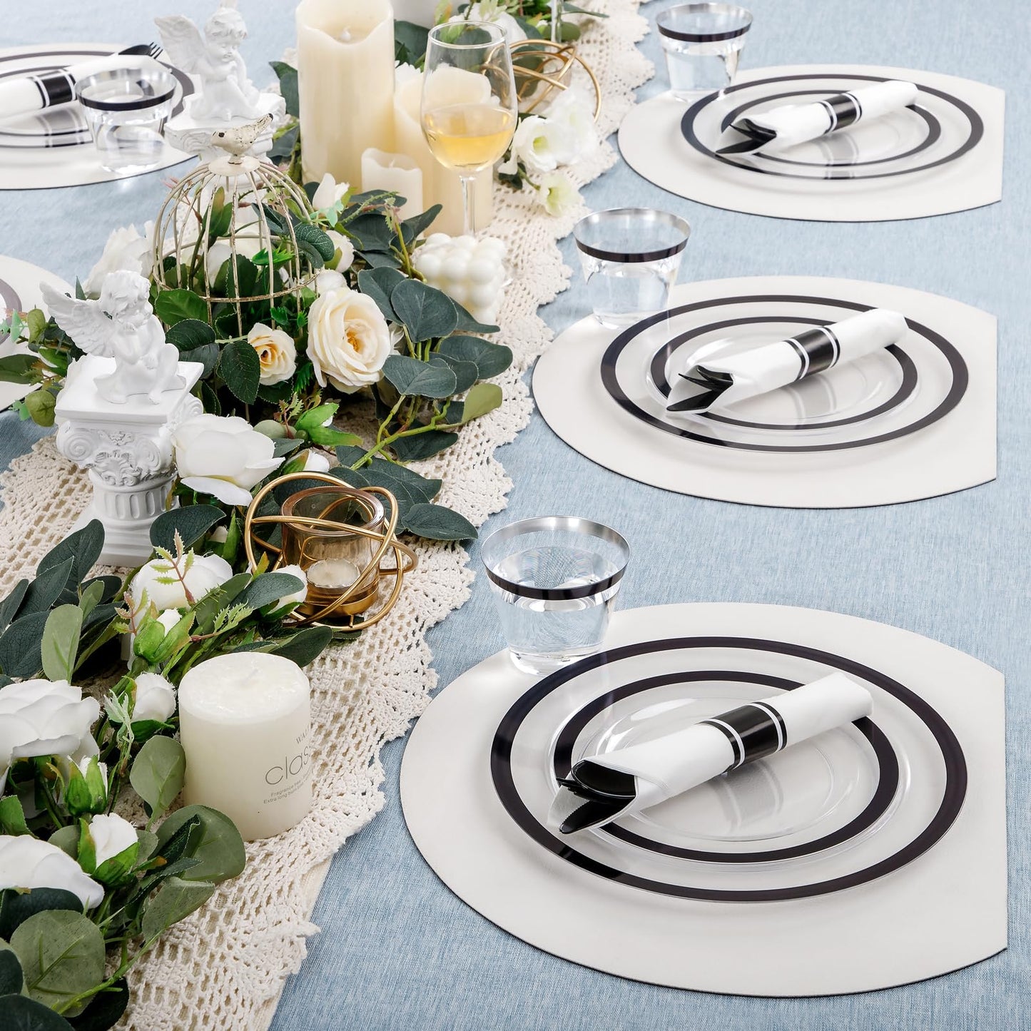 I00000 350 Pcs Clear and Black Plastic Plates,Black Dinnerware Set, Include 50 Dinner and 50 Dessert Plates,50 Plastic Cups,50 Per Rolled Napkins with Cutlery for Party,Wedding,Halloween