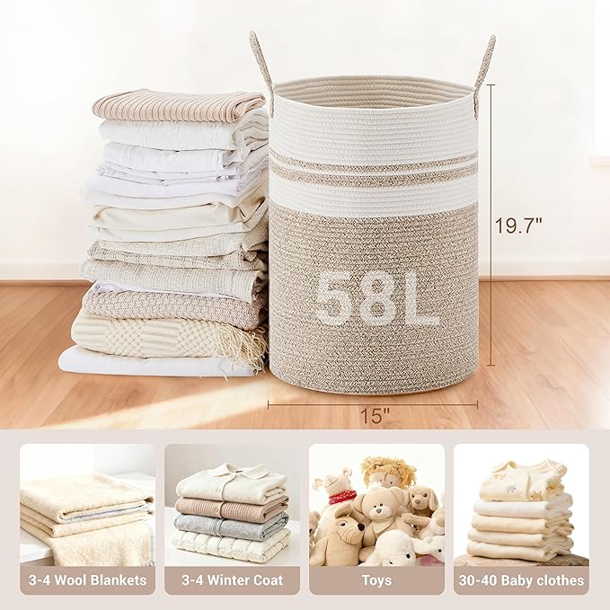 Tall Laundry Basket with Handles, 58L Portable Dirty Clothes Hamper, Boho
