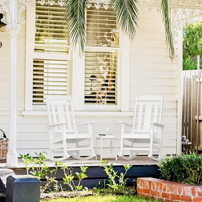 LUE BONA Outdoor Rocking Chairs Set of 2, Weather Resistant HDPS Poly Rocker Chairs, 350lb Heavy Duty, Oversized Porch Rocker for Adult, High Back Smooth Rocking Chair for Outdoor & Indoor, White