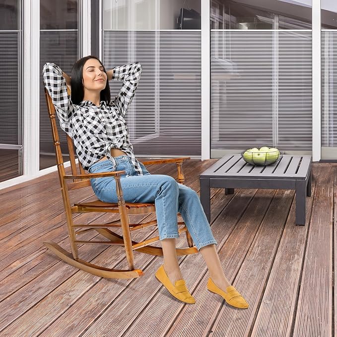 VINGLI Wooden Rocking Chair, Outdoor Chair with 450 lbs Support, Relaxing Rocker with Solid Wood High Back Seat Reclining Seat for Deck, Garden, Backyard, Porch, Indoor or Outdoor Use (Teak, 1PC)