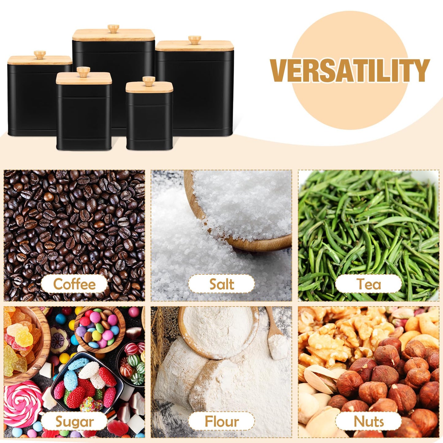 Buryeah 5 Pcs Kitchen Canisters for Countertop with Labels Airtight Metal Containers Coffee Tea Sugar Flour Jars with Spoon Farmhouse Big Food Storage Set for Kitchen(Black)