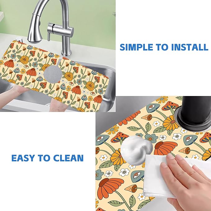 Abstract 70s Mushroom Floral Sink Faucet Absorbing Mat Sink Splash Guard Faucet