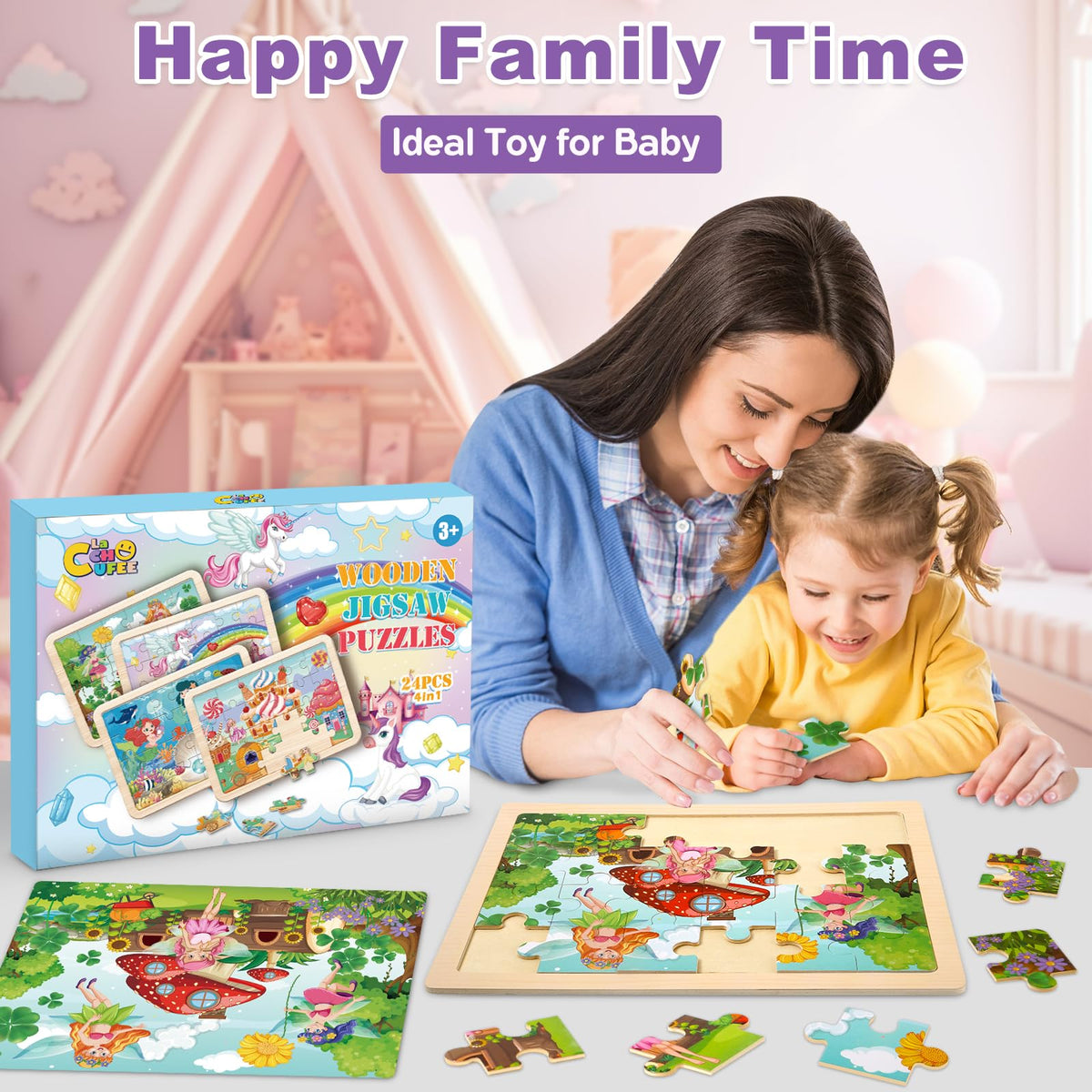 Wooden Princess Puzzles for Kids Age 3 4 5 Year Old, 4 Pack 24 Pcs Montessori Toddler Jigsaw Puzzles for Girl boy Activities Preschool Learning Educational Birthday Gift Travel Autistic Wooden Toys