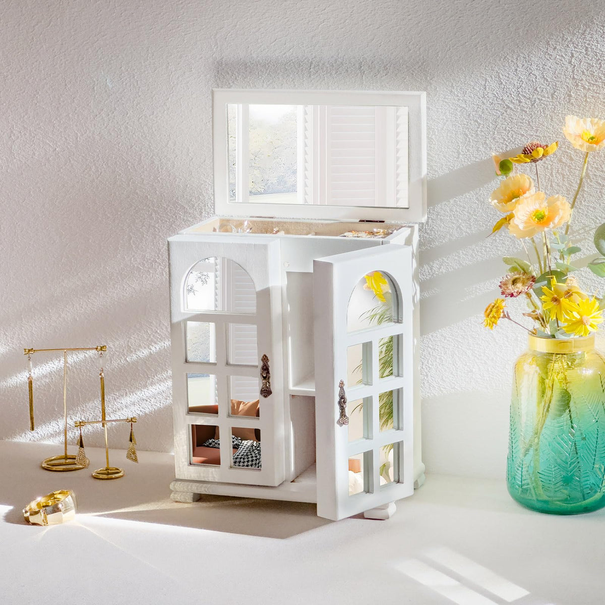 SINGBLA Jewelry Box Organizer, Farmhouse Wooden Jewelry Boxes for Women Girls, 6 Layer Jewelry Case Storage with Bracelet Holder Display Hooks for Necklaces Earrings Rings Bracelets (Weathered White)