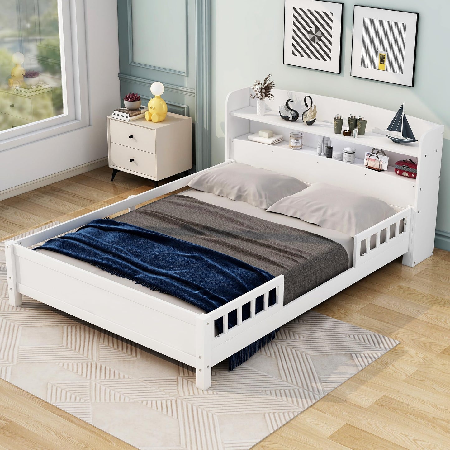 Merax Full Size Bed Frame, Solid Wood Full Platform Bed with Storage Headboard, Built-in Light and Safety Guardrail, Montessori Inspired Bed, No Box Spring Needed, White