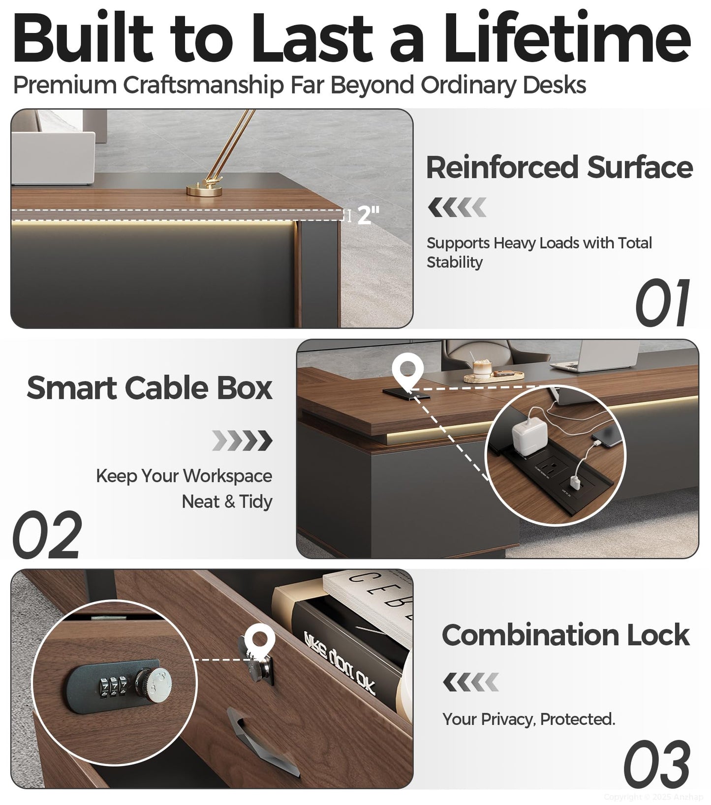 95" Reversible L-Shaped Executive Desk with Drawers – Luxury Office Computer Desk with Open Shelves, LED Lighting, Built-in Outlet & USB Ports for Home Office, Corporate, School (95"W x 71"D x 30"H)