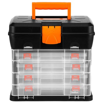 VonHaus Utility Tool Box Storage Organiser Case with 4 Drawers & Adjustable Dividers - Plastic Multi Tool Box Organiser with 4 Compartment Drawers - Ideal for DIY Tools and Accessories Storage