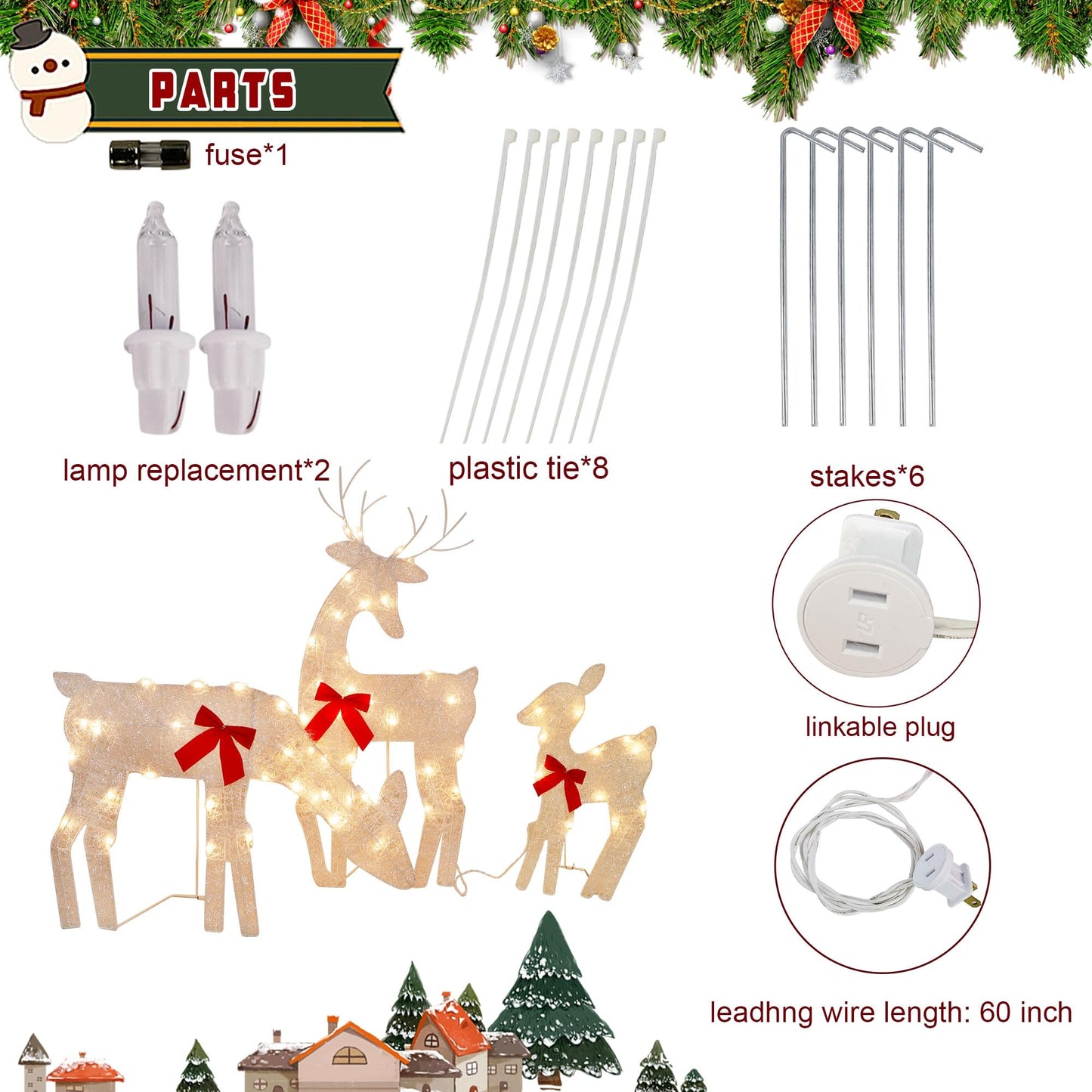 Joliyoou Christmas Yard Decoration, Set of 3 Pre-lit Reindeer with 60 LEDs Warm White Lights, 2D Light Up Tinsel Reindeer Family for Xmas Front Door Indoor Outdoor Lighted Holiday Displays