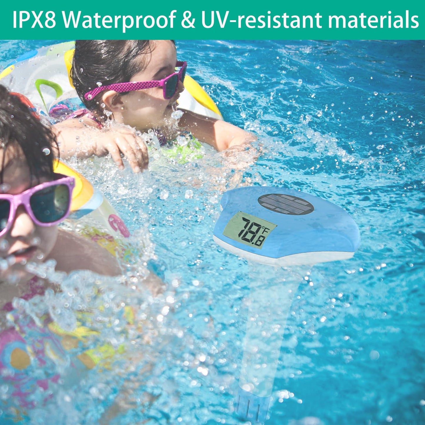 Digital Pool Thermometer – IPX-8 Waterproof Swimming Pool Thermometer Floating Easy Read, Environment-Friendly Solar-Powered Pool Temperature Gauge for Swimming Pools, Spa, Hot Tubs