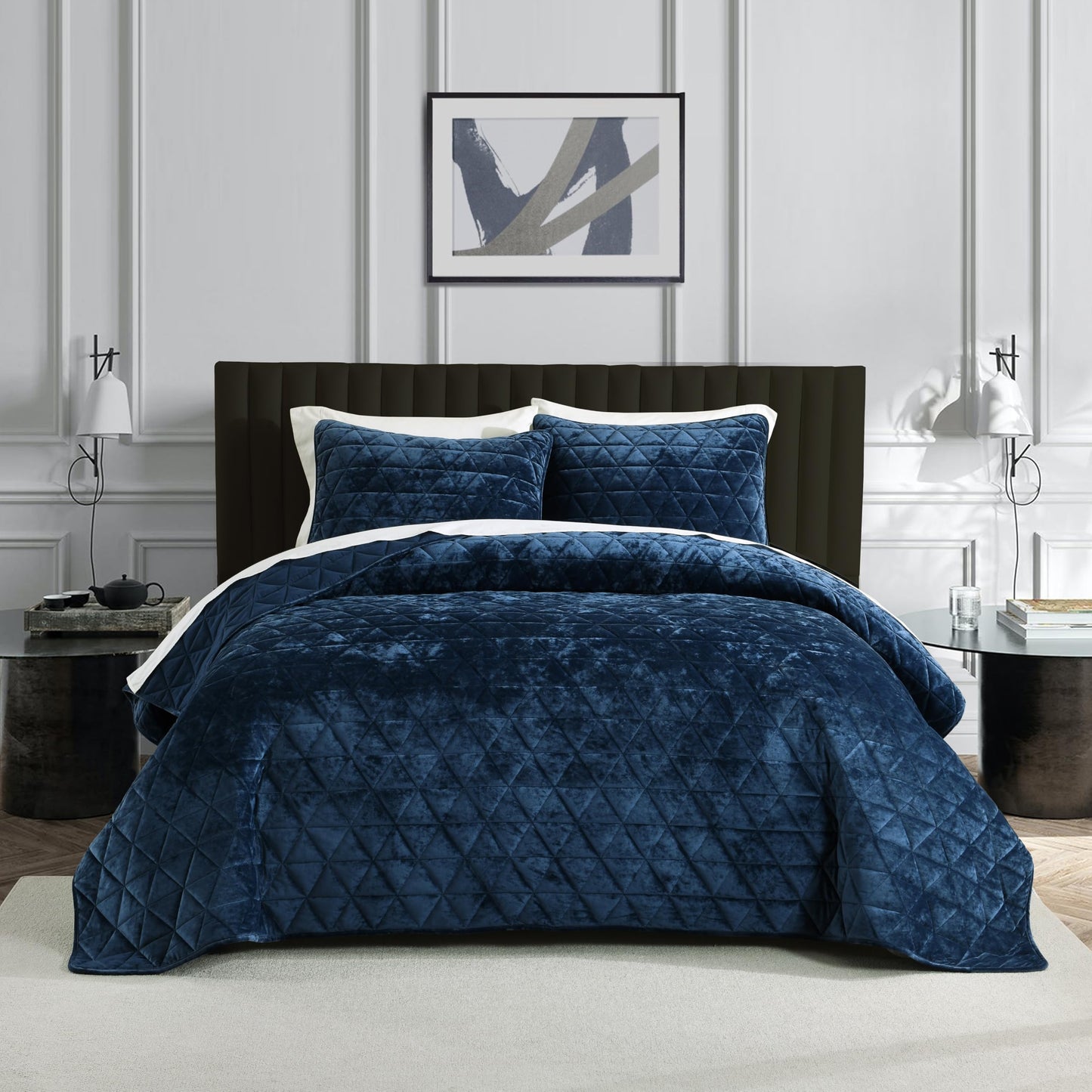 Homzard Velvet Quilt Set Queen Size Bedding Set, Blue Queen Size Comforter Set,Navy Blue Bedspreads, Luxurious Plush Bedding Sets，Soft Lightweight for All Season