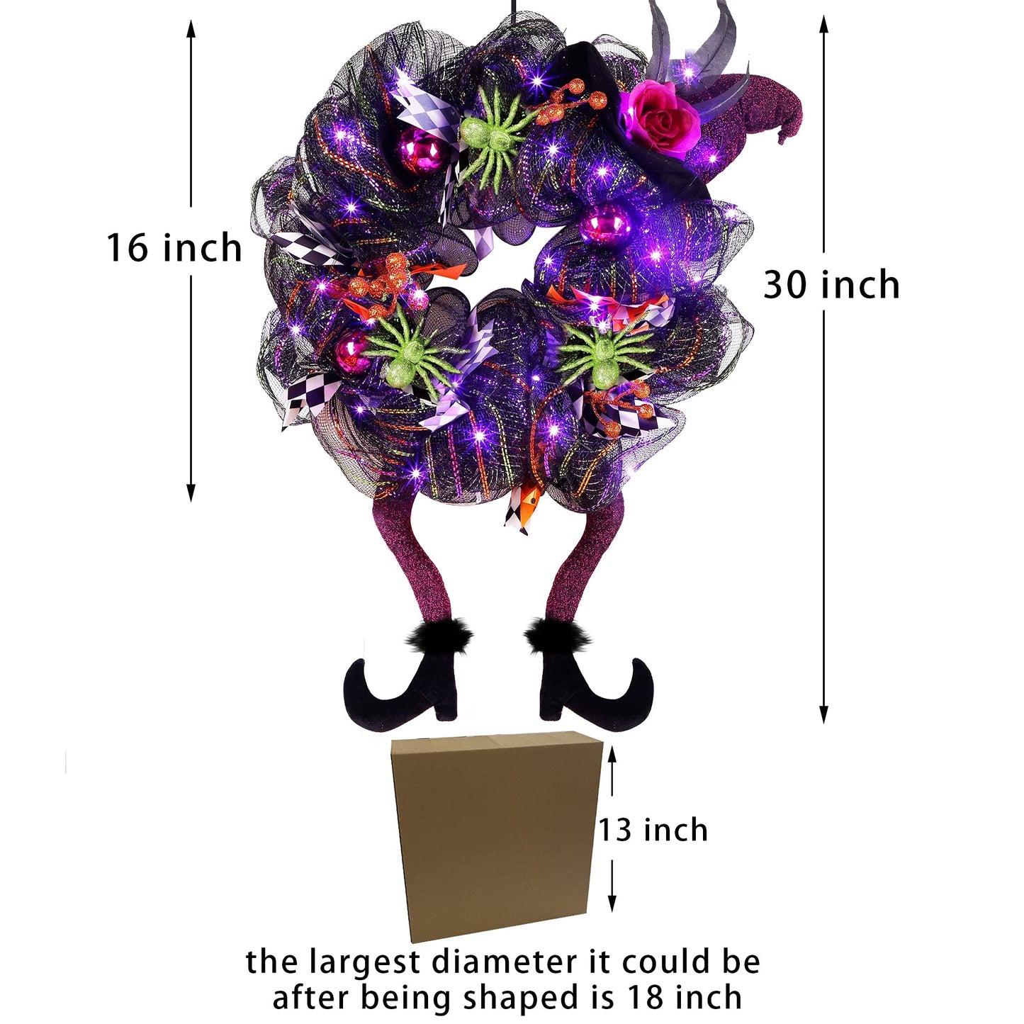 Lulu Home Halloween Front Door Wreath, Purple LED Lighted Witch Hat Wreath, Battery Operated, NOT PRELIT