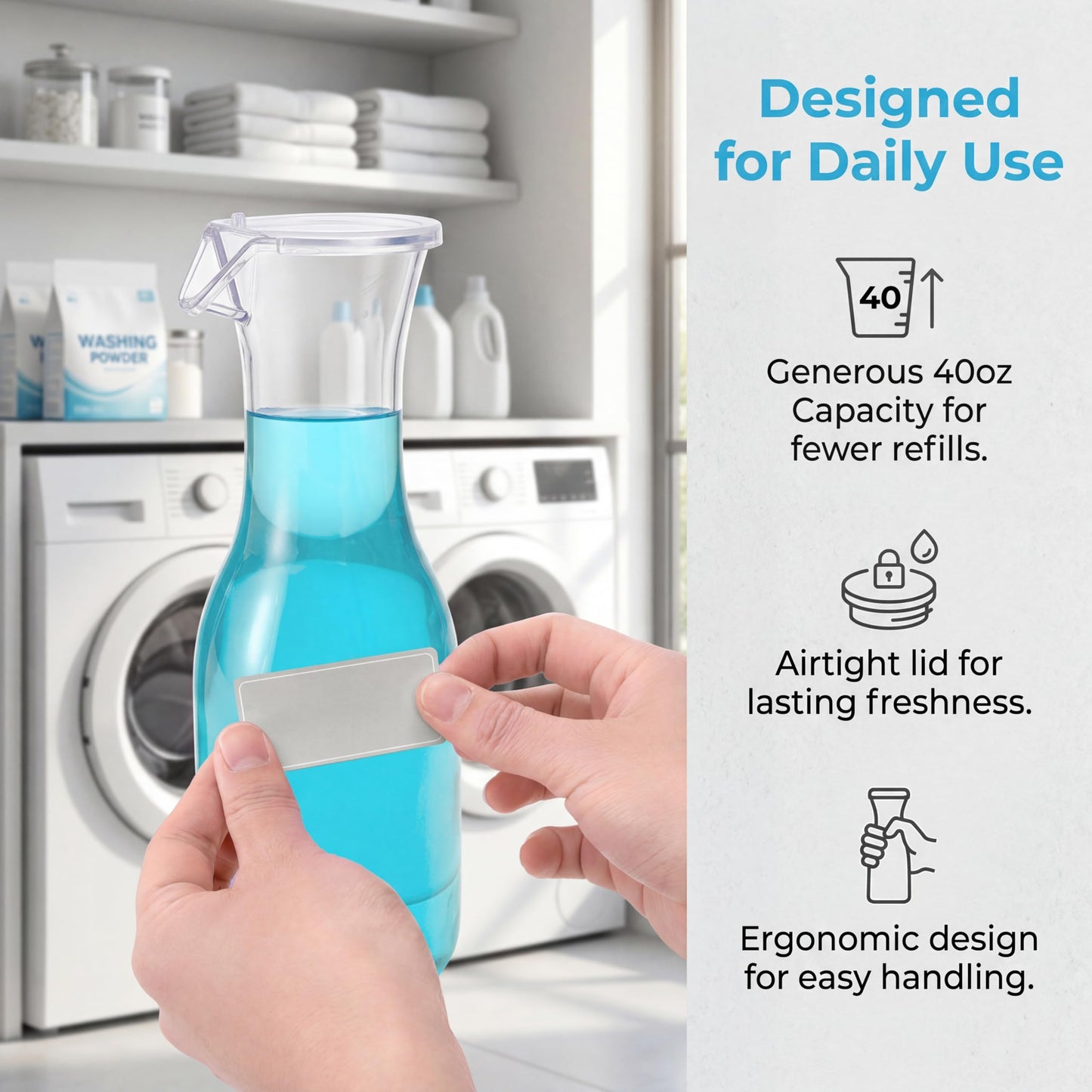 YIMITEE 3 Pack Laundry Detergent Dispenser with 5 Labels, 40 OZ Plastic Fabric Softener Bottle, Reusable Detergent Container, Laundry Room Organizer for Liquid Soap Powder Bleach Scent Booster Beads