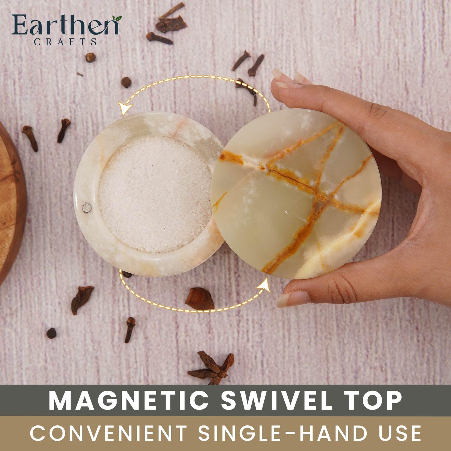 EARTHEN CRAFTS Marble Salt Cellar with Swivel Magnetic Lid 3 Inches Green Mini Salt Keeper for Countertop, 2.5 OZ Capacity, Kosher Salt and Seasoning Storage Container for Kitchen or Bath Salt