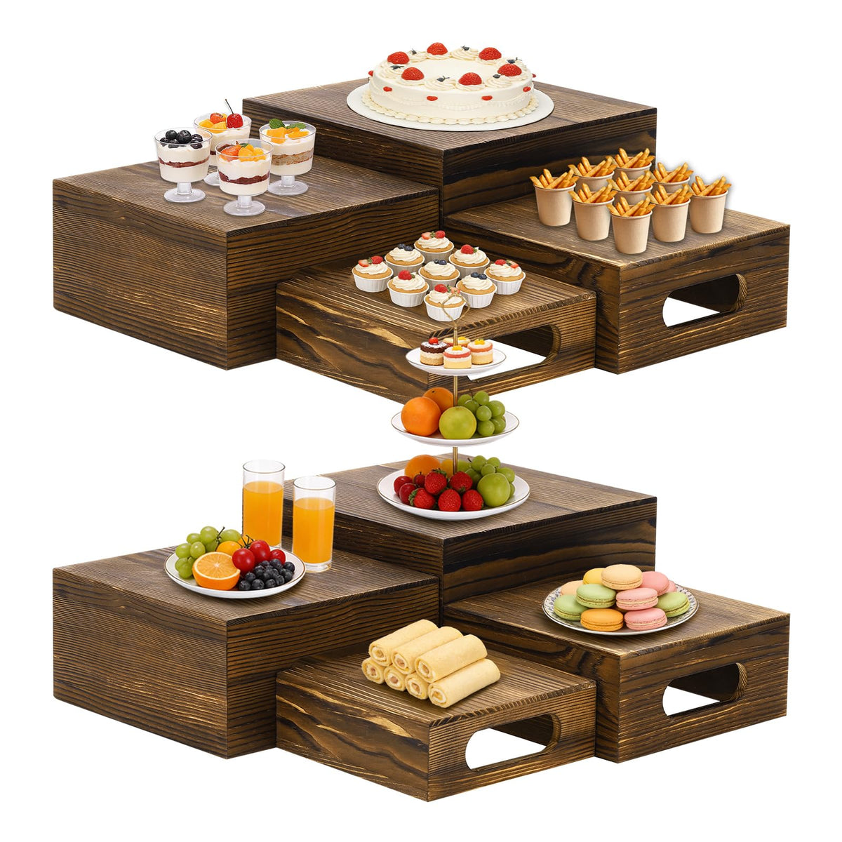 nplehome 8 Pack Buffet Risers Wood Display Stands Cupcake Stand Catering Supplies Buffet Display with Mini Signs Food Risers for Buffet Table Display Stand for Party, Wedding, Birthday