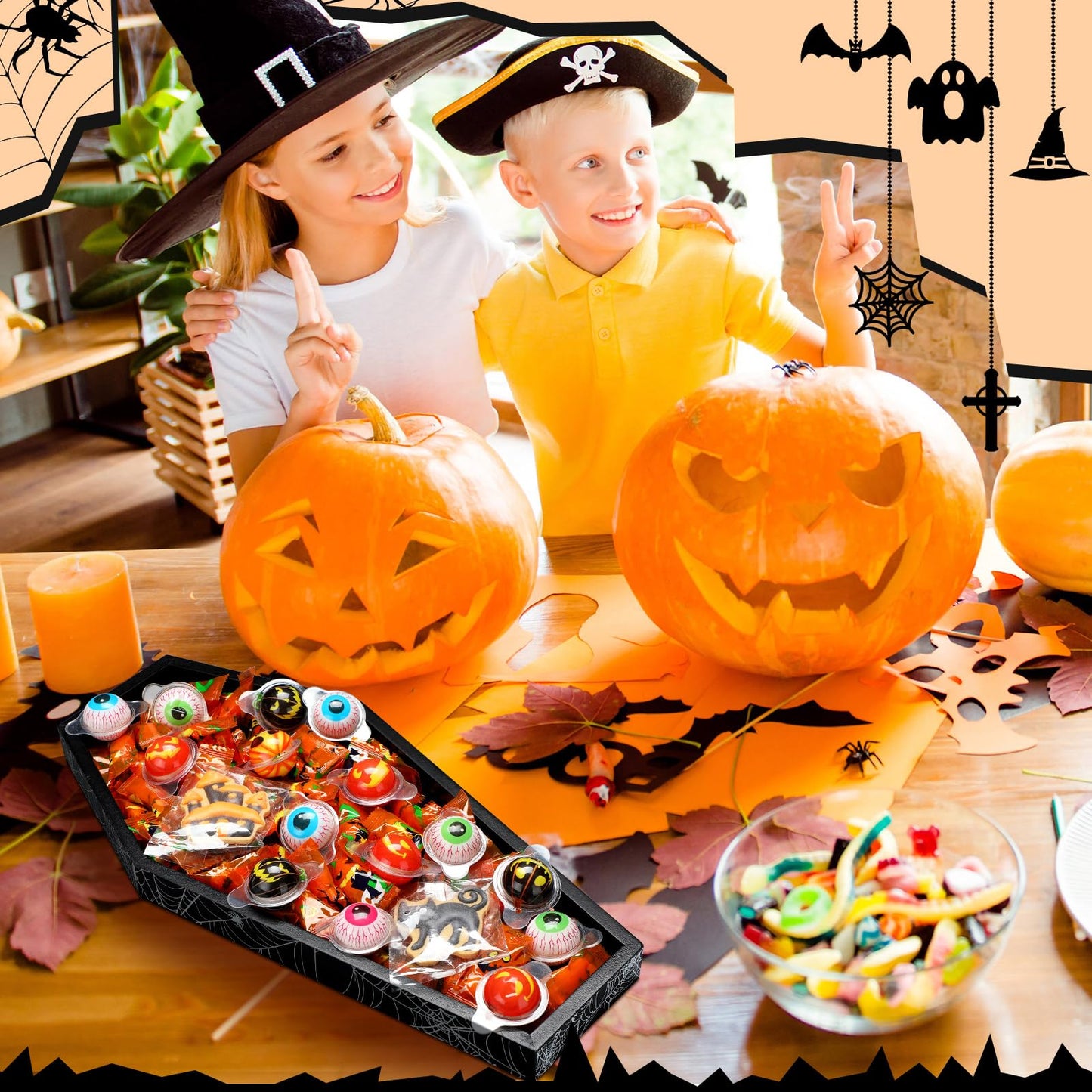 Teenyyou 15.7 x 7.8 Inch Halloween Coffin Charcuterie Boards with Skeleton Spider Web Decor Black Wood Coffin Serving Trays and Platters Halloween Candy Bowl Gothic Serving Box for Party Supplies