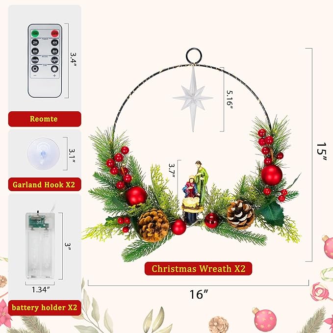 2Pack Nativity Wreaths for Front Door with Lights & Remote, Holy Family Nativity Statue & Star of Bethlehem Christmas Decor, 16'' Windows Wreaths, Fireplace Decorations