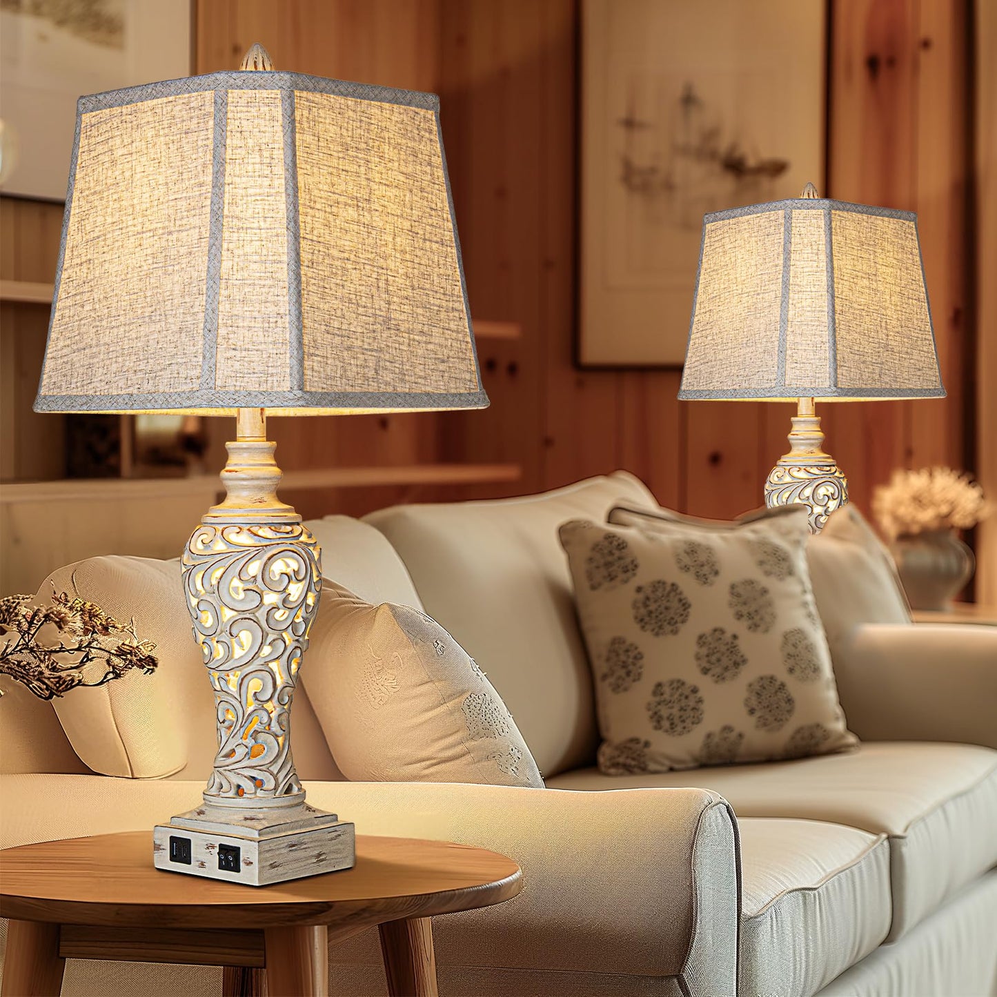 LuxSight Collection 28.5" Table Lamps Set of 2 - Bedside Lamp with Fabric Shades - for Bedroom and Living Room with USB and Nightlight - Perfect for Nightstands and Bedrooms
