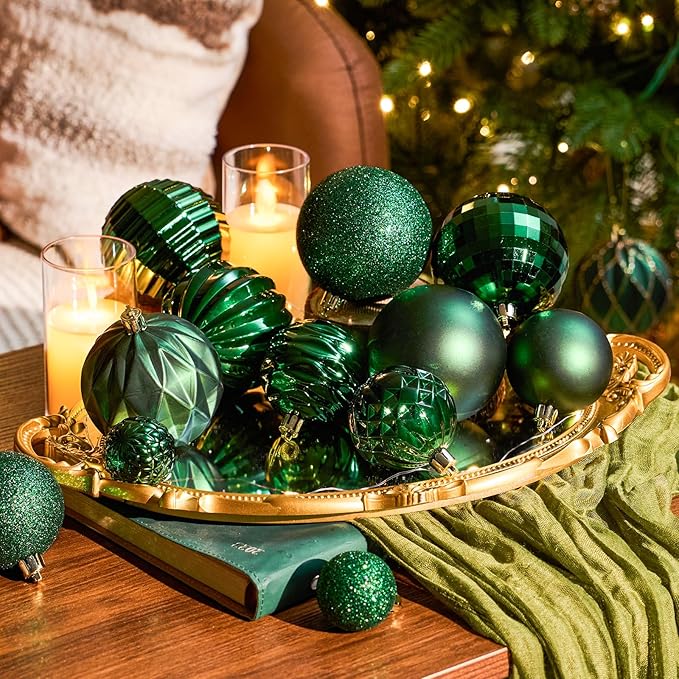 JORNOY Christmas Tree Ornaments Set, 47 Pack Assorted Shatterproof Hanging Balls Decorations, Plastic Bulbs Bulk with Lanyard for Home Holiday Party Decor, 3-Sizes (Dark Green)