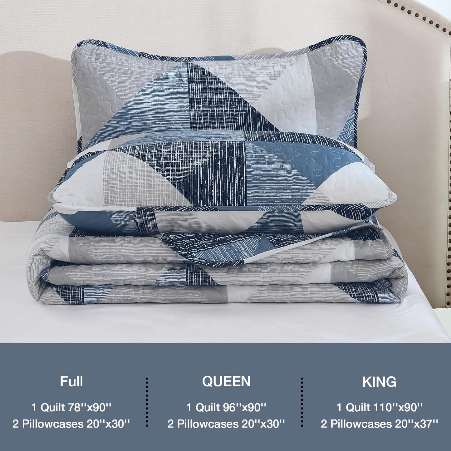 Dintszyayue Quilt Queen Size Blue, 3 Pieces Patchwork Bedspread Bedding for Queen Size Bed, Soft Lightweight Microfiber Geometric Coverlet Set for All Season Quilt with 2 Pillowcases