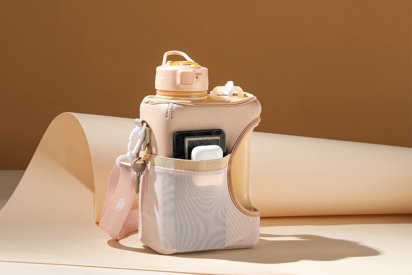 H2O Capsule Half Gallon Cube Square Water Bottle - 2.2L Water Bottle with Strap, Storage Sleeve, Covered Straw and Chug Lid – BPA Free Reusable Sports Water Jug with Handle, (68 Ounce), (Neutral)