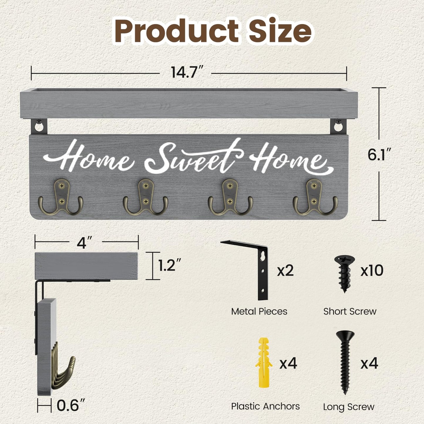 buways Key Holder Wall Mount with 4 Double Hooks-Solid Wood Wall-Mounted Organizer for Keys&Mail Rustic Key Rack Hanger Holder Home Decor for Entryway Living Room (Gray)